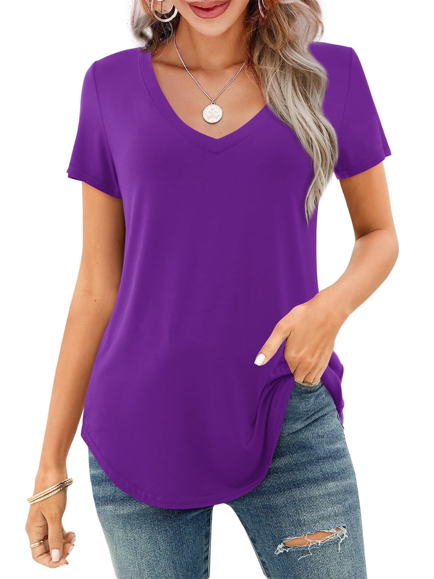 Women's V-neck Short Sleeve Curved Hem Tee Top