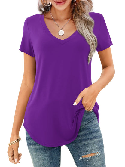 Women's V-neck Short Sleeve Curved Hem Tee Top