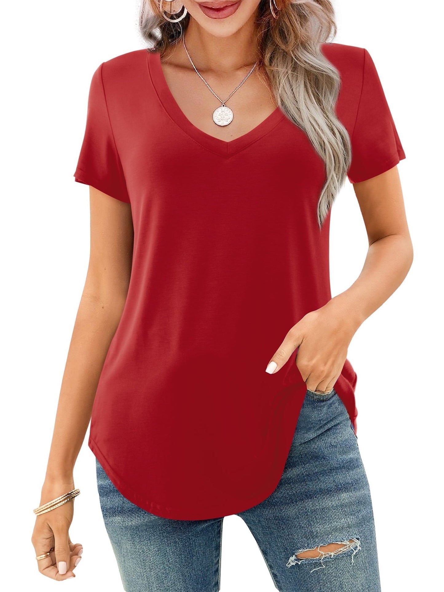 Women's V-neck Short Sleeve Curved Hem Tee Top