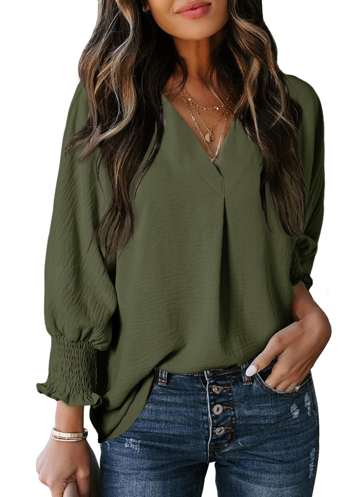 Womens Casual 3/4 Sleeve V Neck Loose Fit Basic Tees (BUY 3 FREE SHIPPING)