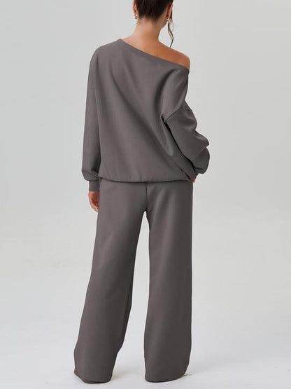 Women's Solid Sloping Shoulder Long Sleeve Top & Wide Leg Trousers Set