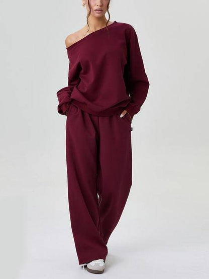 Women's Solid Sloping Shoulder Long Sleeve Top & Wide Leg Trousers Set