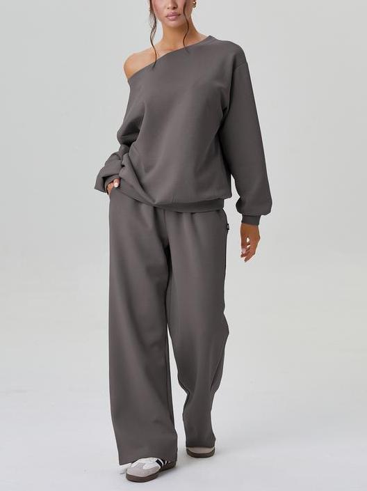 Women's Solid Sloping Shoulder Long Sleeve Top & Wide Leg Trousers Set