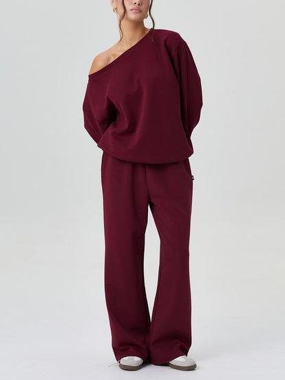 Women's Solid Sloping Shoulder Long Sleeve Top & Wide Leg Trousers Set
