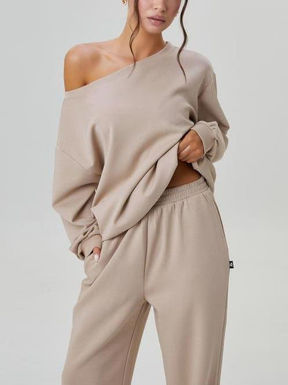 Women's Solid Sloping Shoulder Long Sleeve Top & Wide Leg Trousers Set