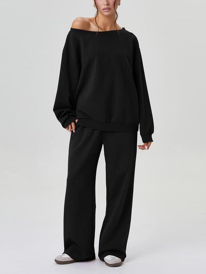 Women's Solid Sloping Shoulder Long Sleeve Top & Wide Leg Trousers Set