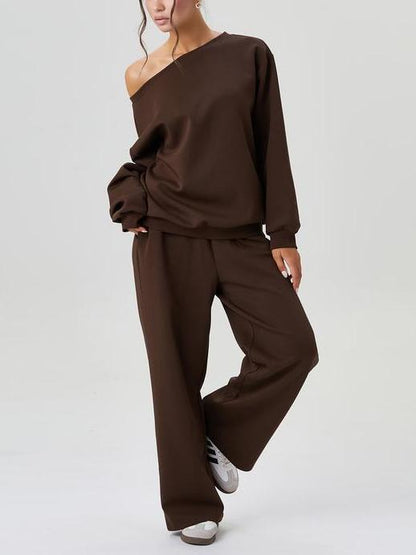 Women's Solid Sloping Shoulder Long Sleeve Top & Wide Leg Trousers Set