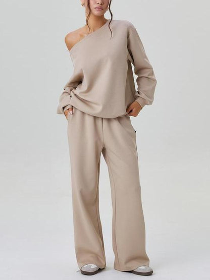 Women's Solid Sloping Shoulder Long Sleeve Top & Wide Leg Trousers Set