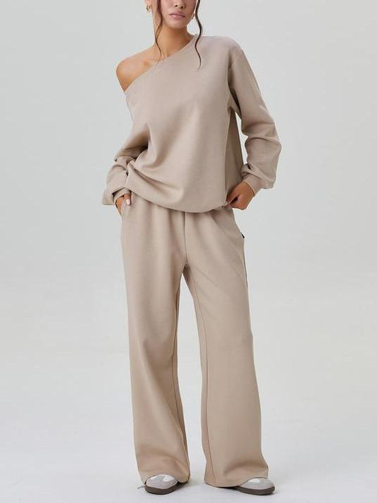 Women's Solid Sloping Shoulder Long Sleeve Top & Wide Leg Trousers Set