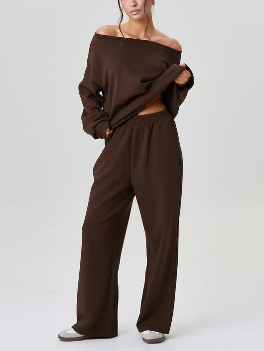 Women's Solid Sloping Shoulder Long Sleeve Top & Wide Leg Trousers Set