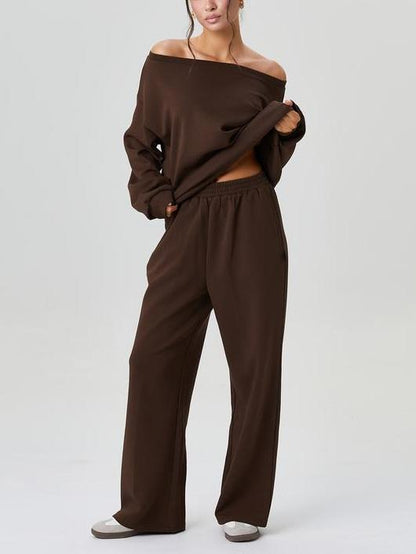 Women's Solid Sloping Shoulder Long Sleeve Top & Wide Leg Trousers Set