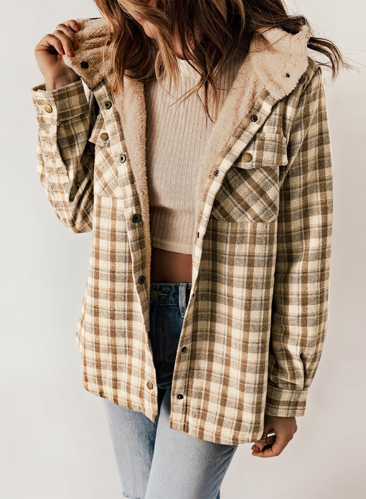 Women's Fall Fuzzy Flannel Long Sleeve Plaid Jacket Coat with Hood