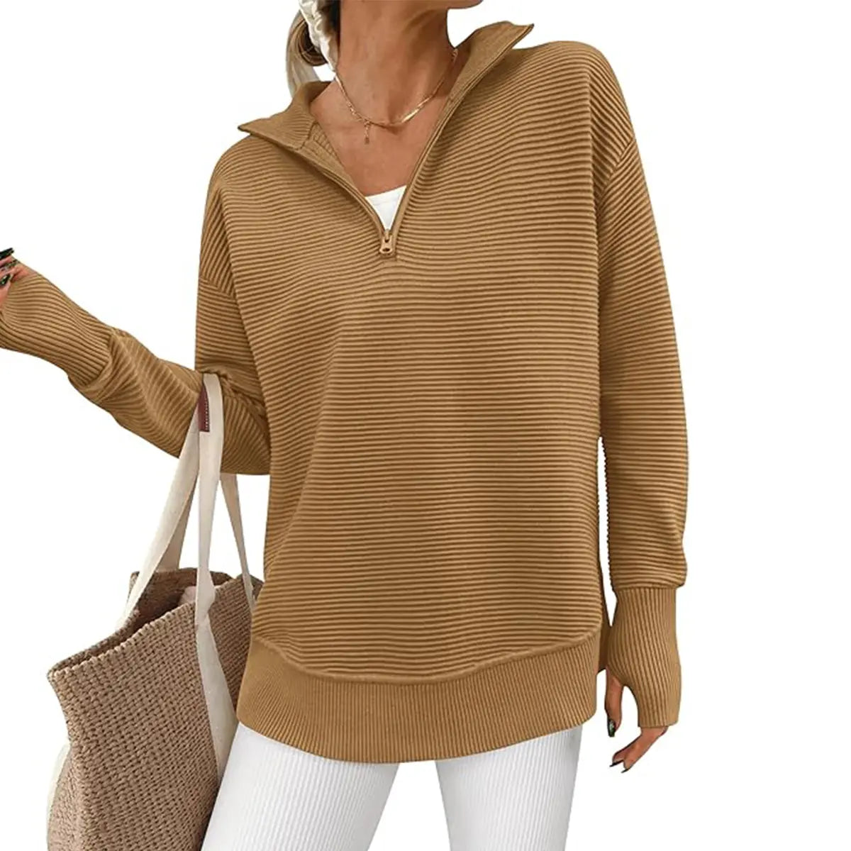 Women Oversized Half Zip Collar Vertical Rib Long Sleeve Knit Top