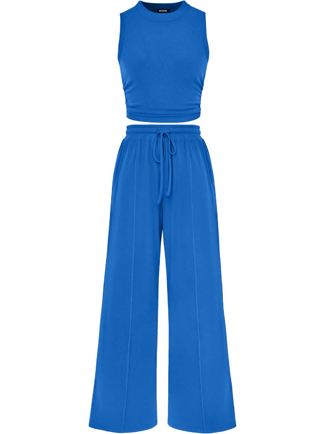 Women Sleeveless Cropped Top Elastic Waist Wide Leg Pants 2 Piece Set