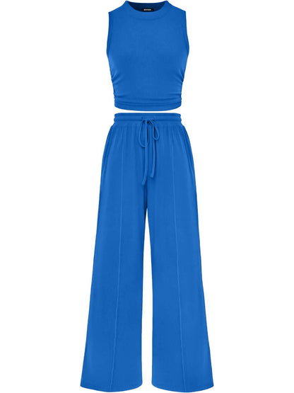 Women Sleeveless Cropped Top Elastic Waist Wide Leg Pants 2 Piece Set