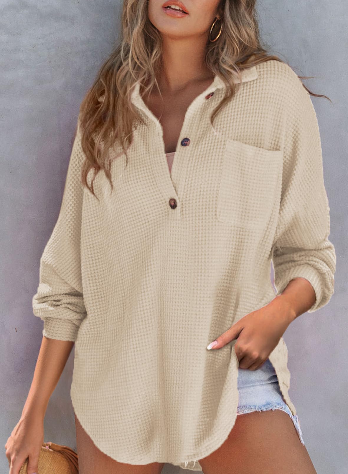 Women's Waffle Knit Henley Button Shirt Jacket(BUY 2 FREE SHIPPING)