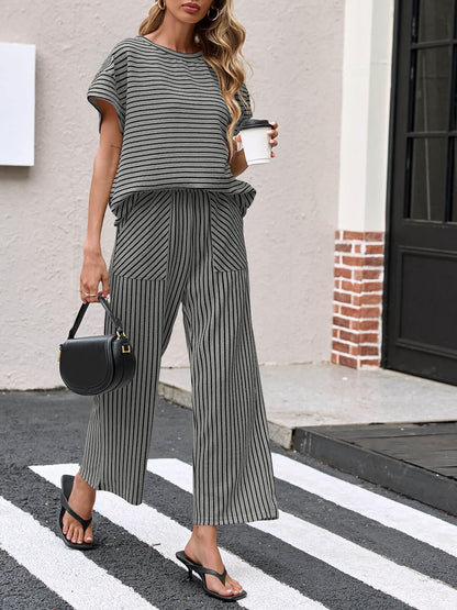 Womens Striped 2 Piece Sets Short Sleeve T Shirts Wide Leg Pants with Pockets