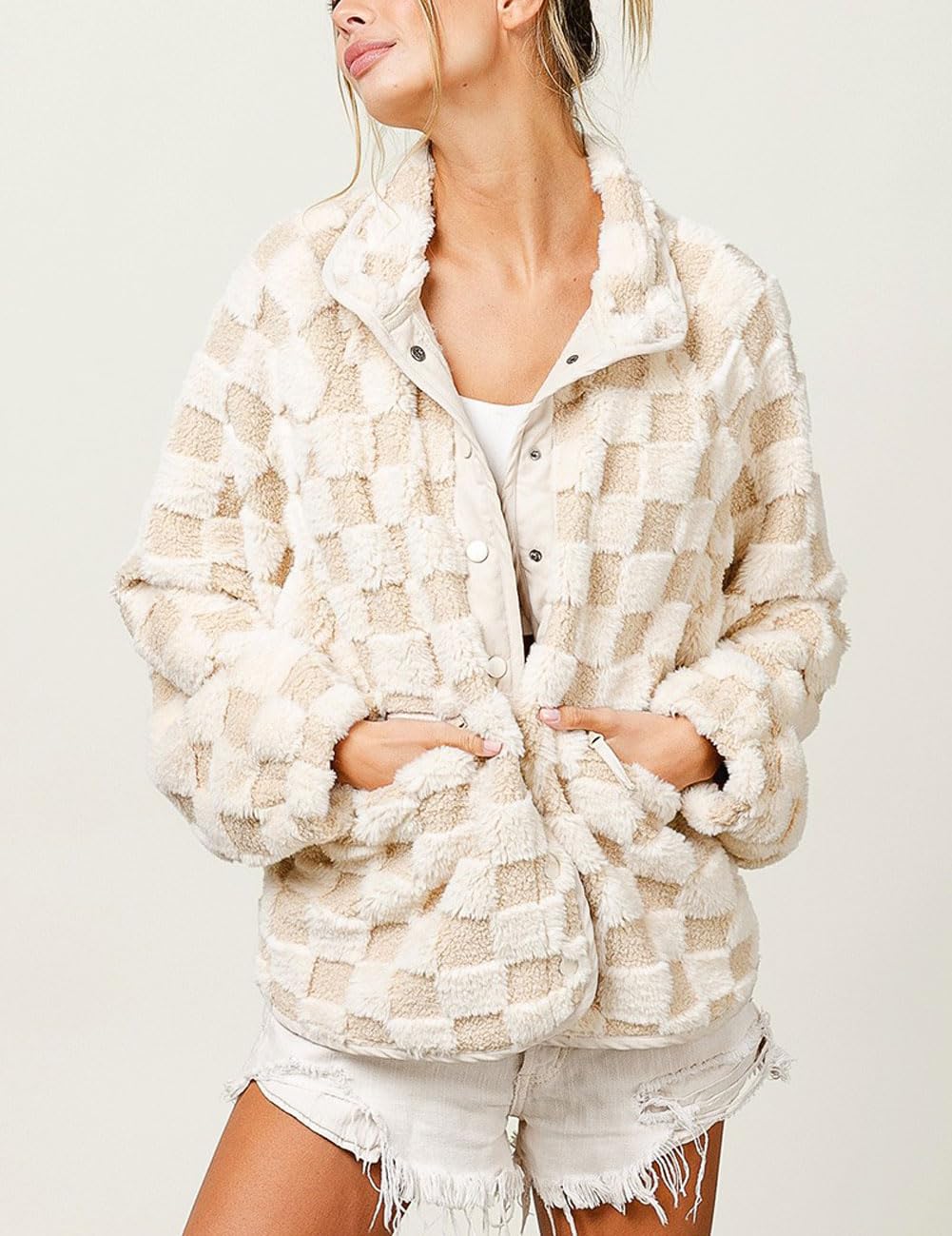 Women's Checkered Fleece Sherpa Jacket