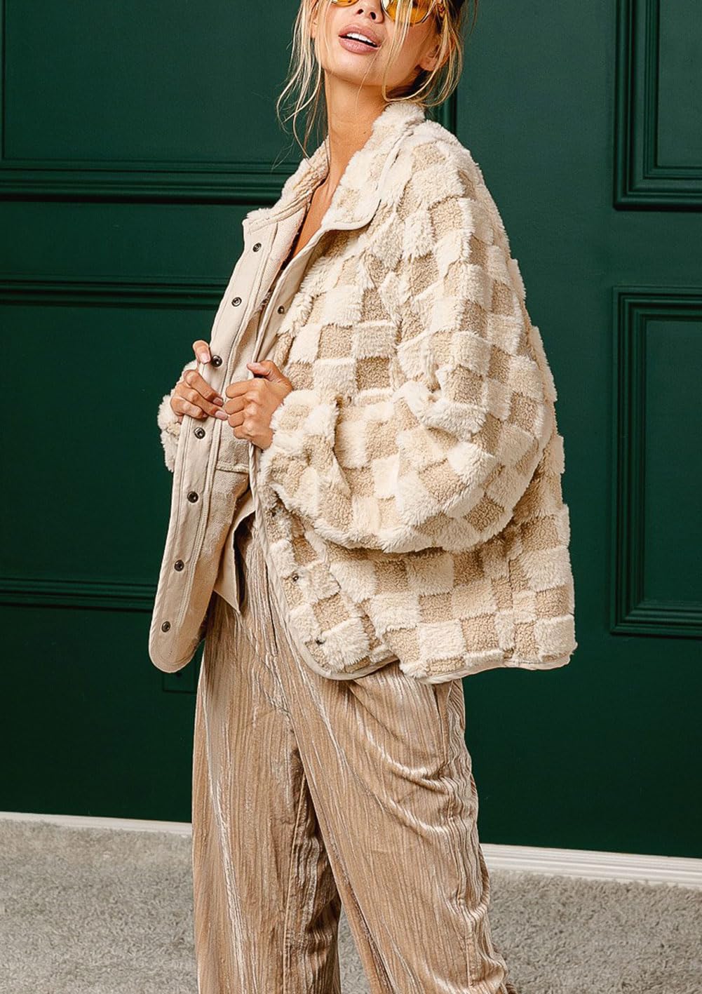 Women's Checkered Fleece Sherpa Jacket
