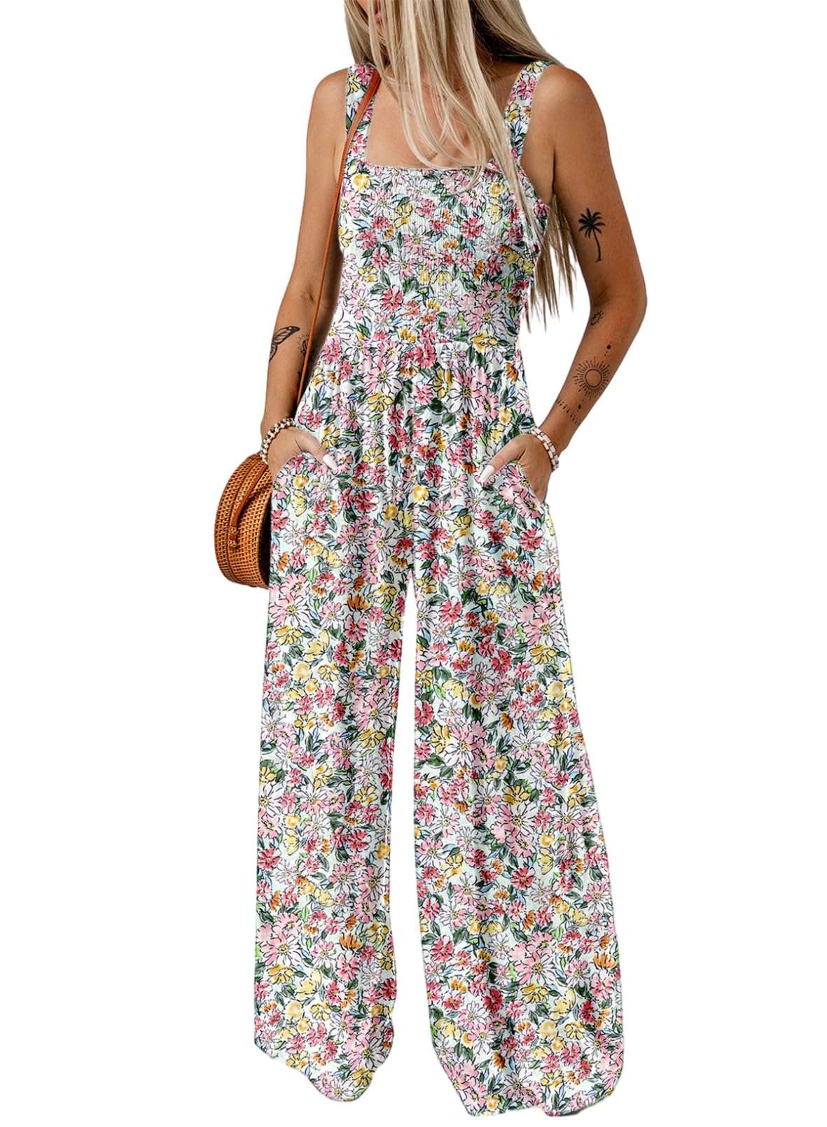 Women's Overalls Casual Floral Print Sleeveless Jumpsuit with Pockets(buy 2 free shipping)