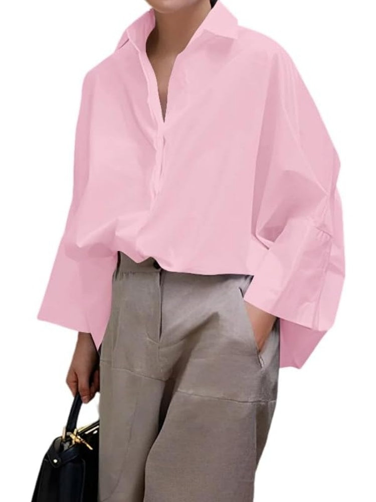 Womens Cotton Casual 3/4 Sleeve Loose Fit Collared Work Blouse Tops