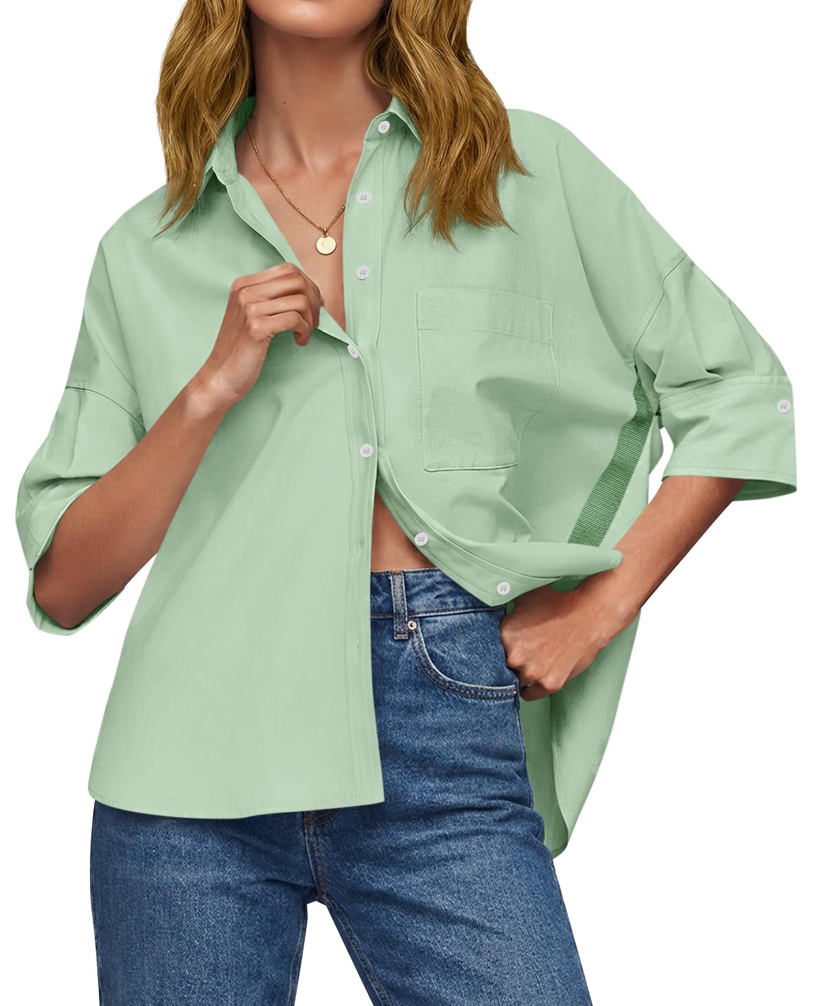 Womens Oversized Button Down Shirts Half Sleeve V Neck Blouses
