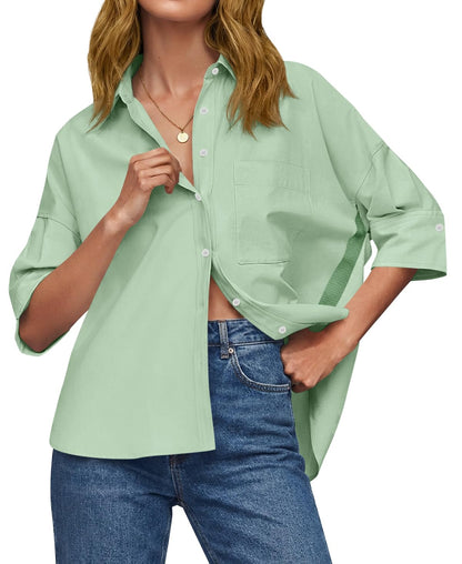 Womens Oversized Button Down Shirts Half Sleeve V Neck Blouses