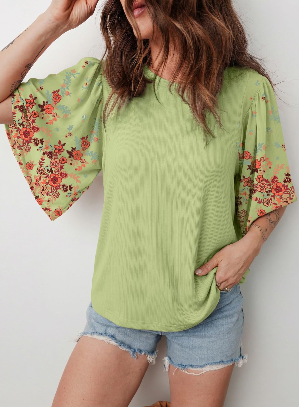 Women's Boho Floral Patchwork 3/4 Sleeve Blouse
