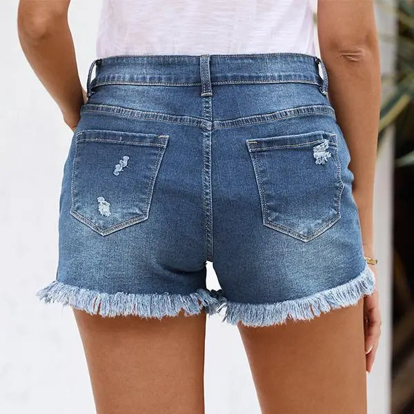 Women's Mid Rise Denim Shorts Stretch Ripped Raw Hem Jean Shorts