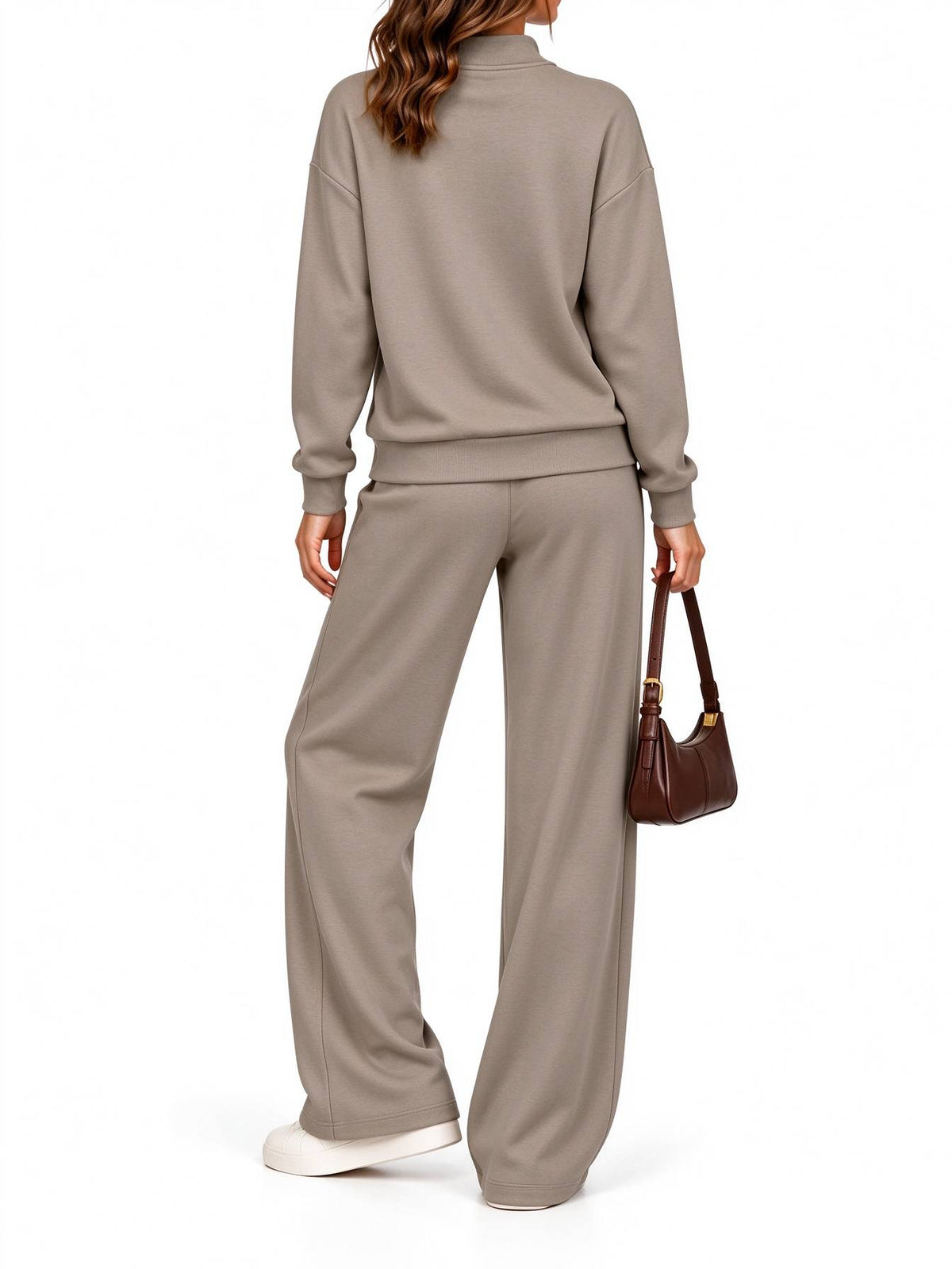 Women's Half Zip Long Sleeve Pullover & Wide Leg Pants 2-Piece Matching Set