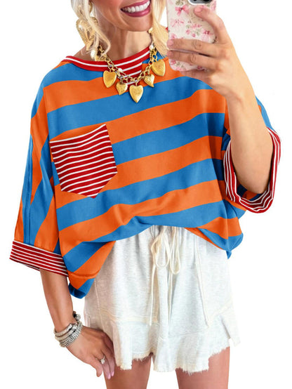Women's T-shirts Striped Drop Shoulder Pocket T-shirt