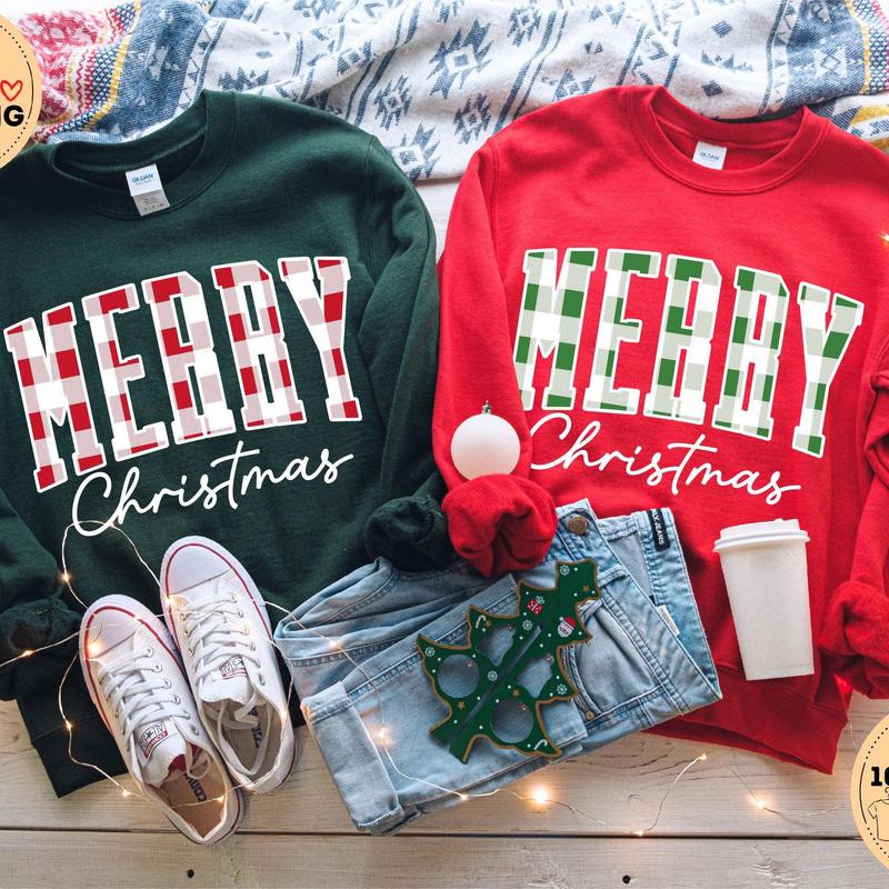 “Merry Christmas” Plaid Graphic Sweatshirt(Buy 2 Free Shipping)
