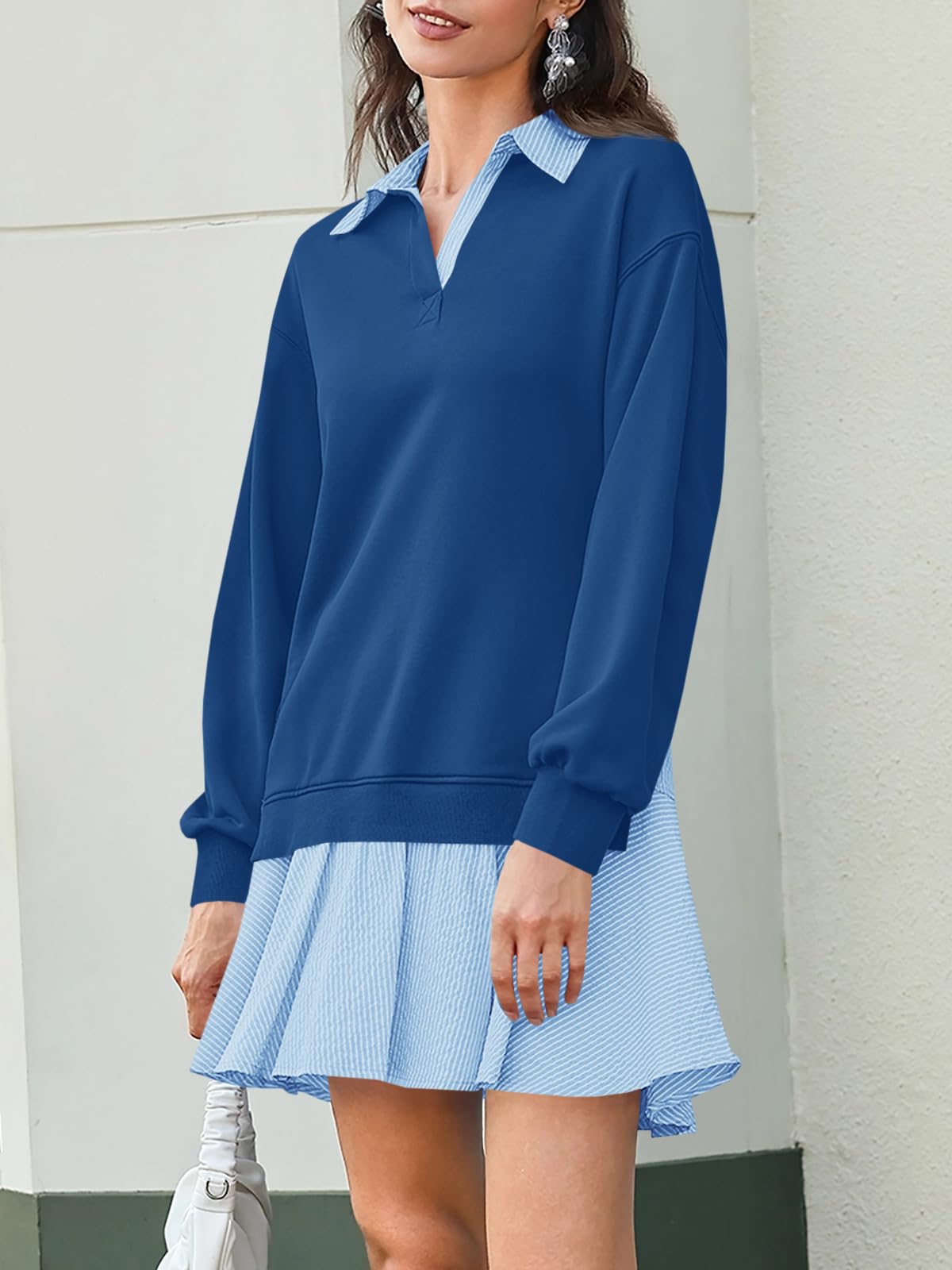 Women's Oversized Collared V Neck Patchwork Sweatshirt Dress