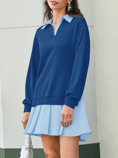 Women's Oversized Collared V Neck Patchwork Sweatshirt Dress