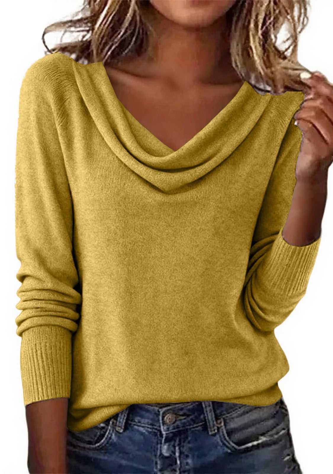 Women Cowl Neck Long Sleeve Knit Pullover Top