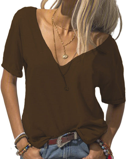 Women's V-neck Solid Color Casual Short Sleeved Basic Top