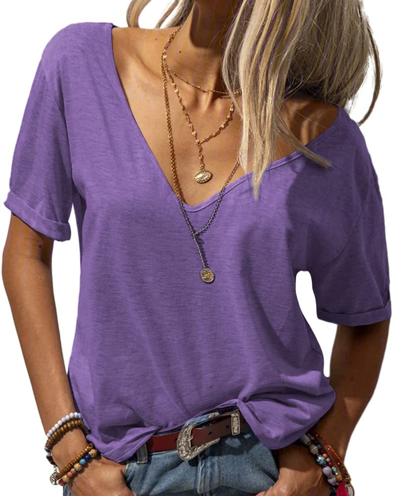Women's V-neck Solid Color Casual Short Sleeved Basic Top