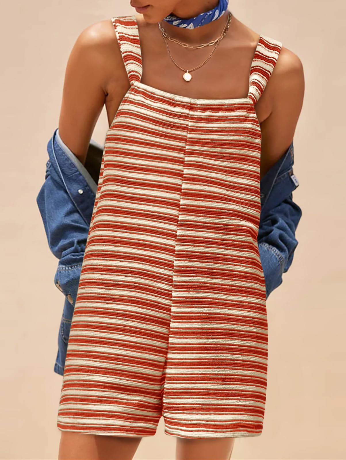 Womens Casual Loose Striped Tied Shorts Overalls Romper with Pockets