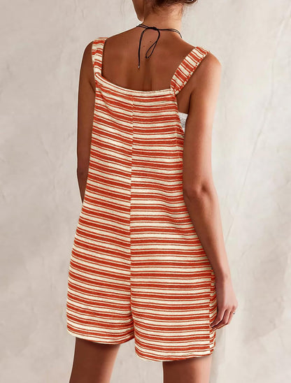 Womens Casual Loose Striped Tied Shorts Overalls Romper with Pockets
