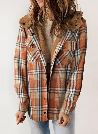 Women's Fall Fuzzy Flannel Long Sleeve Plaid Jacket Coat with Hood