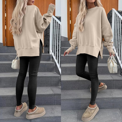 Womens Oversized Thumbhole Long Sleeve Side Slit Pullover Top