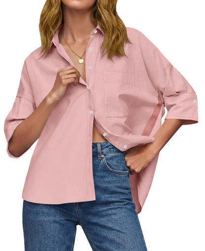 Womens Oversized Button Down Shirts Half Sleeve V Neck Blouses