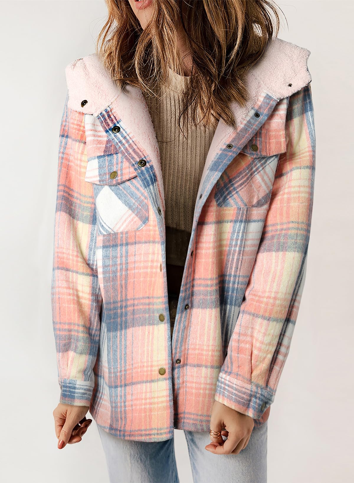 Women's Fall Fuzzy Flannel Long Sleeve Plaid Jacket Coat with Hood