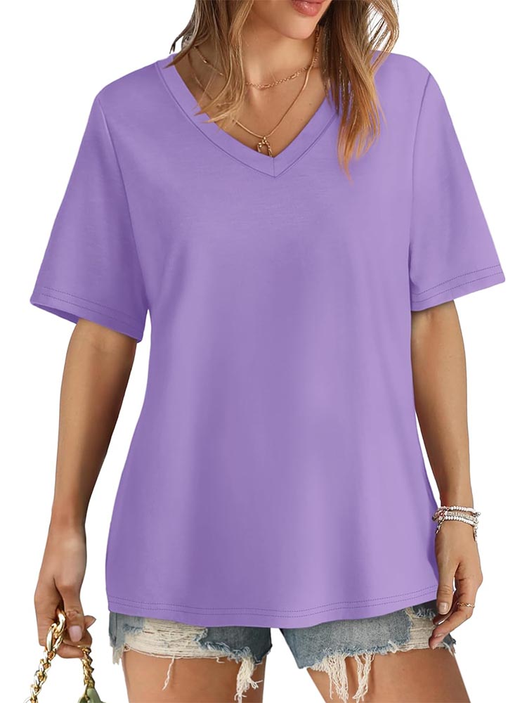 2026 Women's Solid Color V-Neck Loose Short Sleeve T-Shirt Top