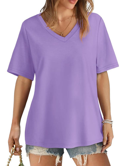 2026 Women's Solid Color V-Neck Loose Short Sleeve T-Shirt Top