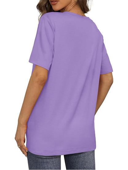 2026 Women's Solid Color V-Neck Loose Short Sleeve T-Shirt Top