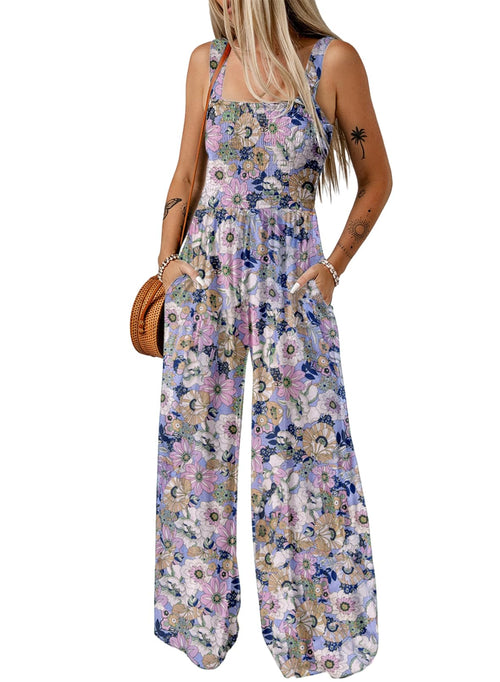 Women's Overalls Casual Floral Print Sleeveless Jumpsuit with Pockets(buy 2 free shipping)