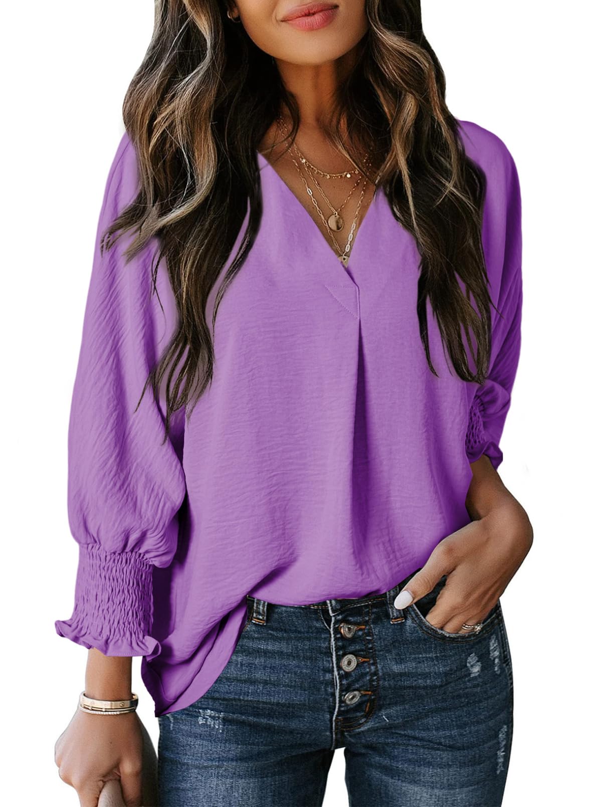 Womens Casual 3/4 Sleeve V Neck Loose Fit Basic Tees (BUY 3 FREE SHIPPING)