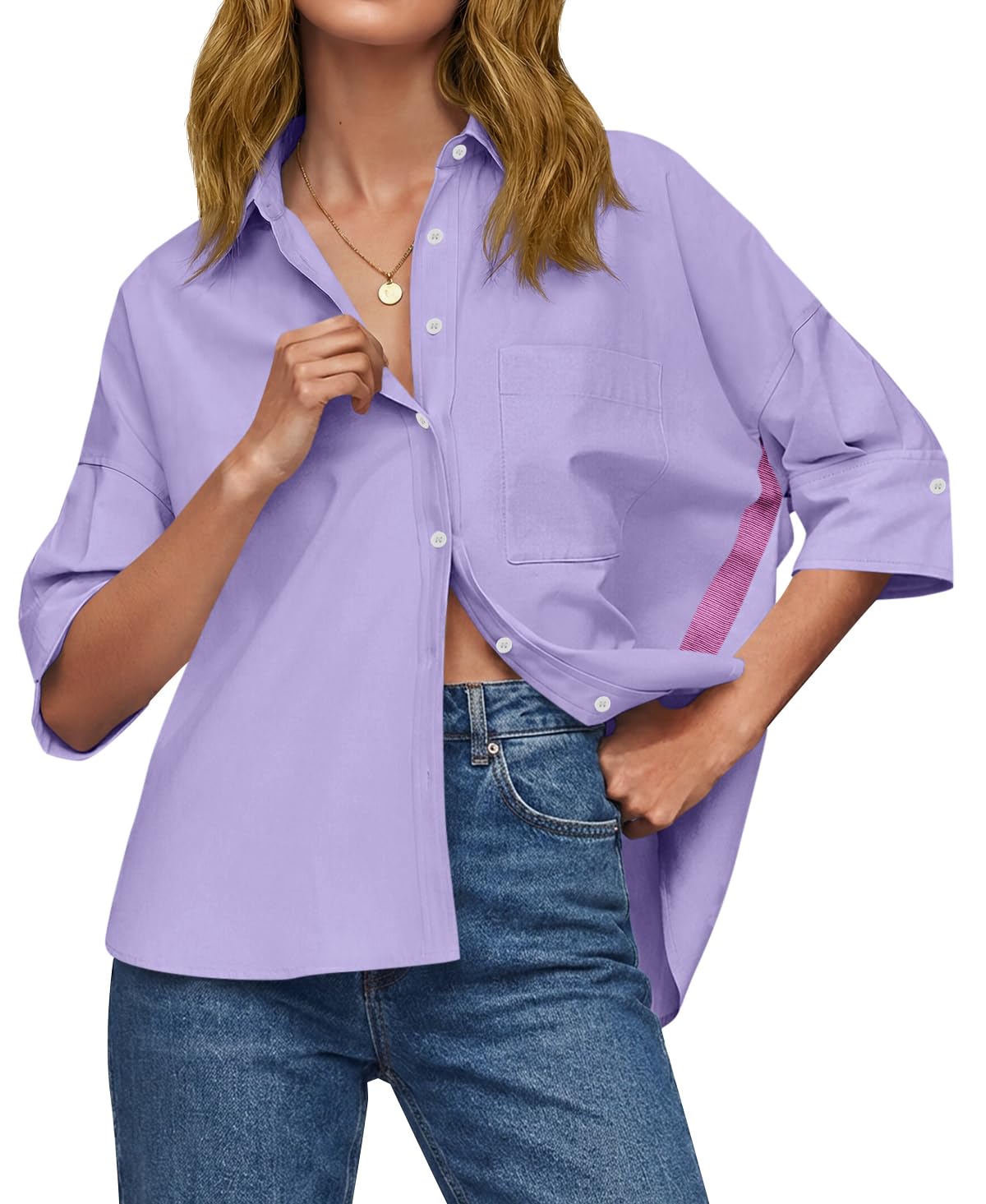 Womens Oversized Button Down Shirts Half Sleeve V Neck Blouses