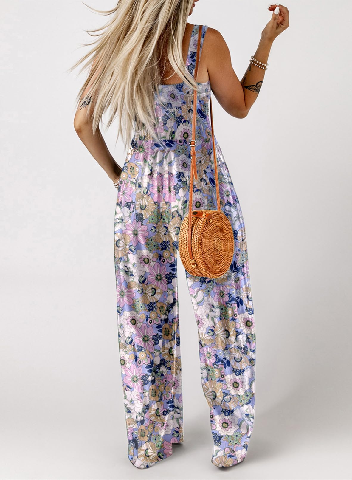 Women's Overalls Casual Floral Print Sleeveless Jumpsuit with Pockets(buy 2 free shipping)